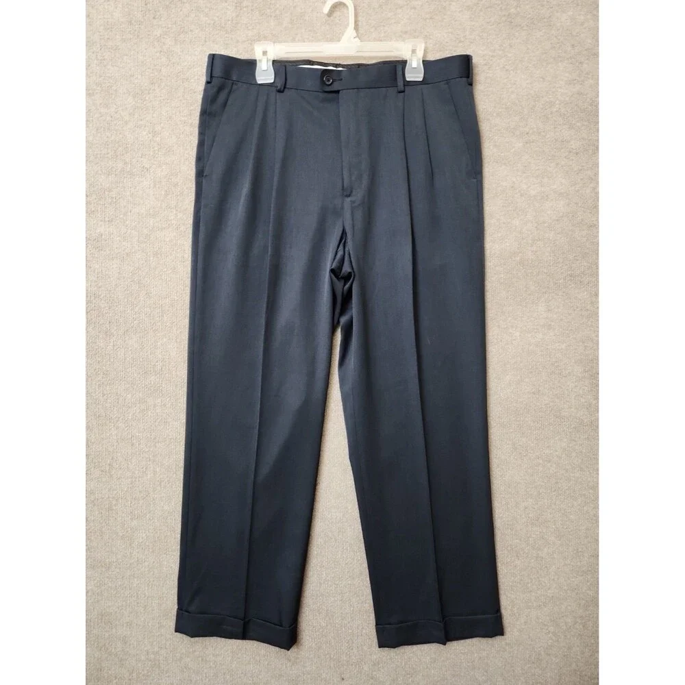 Perry Ellis Portfolio Travel Luxe Dress Pants Men 36x30 Blue Non Iron Cuffed NEW